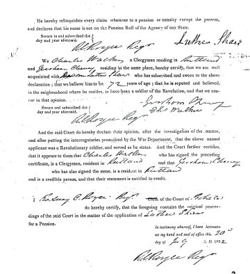 SHAW, Luther (b. 1800 Rutland) 1 service pension application 1832